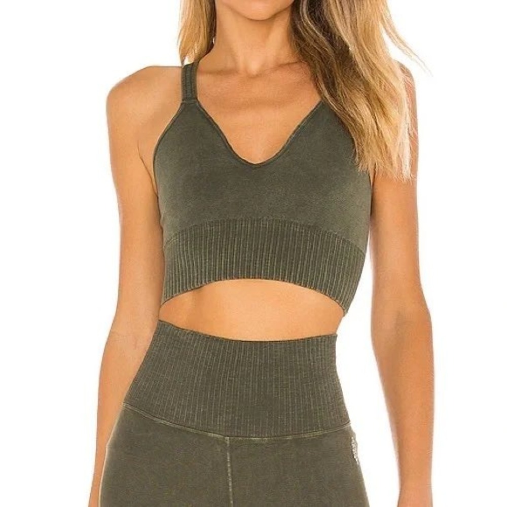 Free People Movement Good Karma Crop Top Army Green XS/S V-Neck Ribbed Seamless